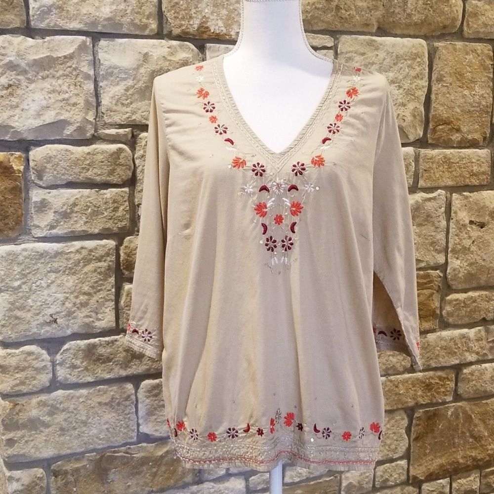Bill Blass Boho Tan Top Smaller XL vintage disco embroidered